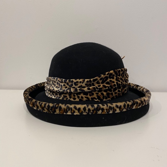 Black and Leopard Women's Bowler Hat with Feathers - Picture 2 of 5